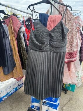 Express Metallic Gray Pleated Spaghetti-Strap Dress